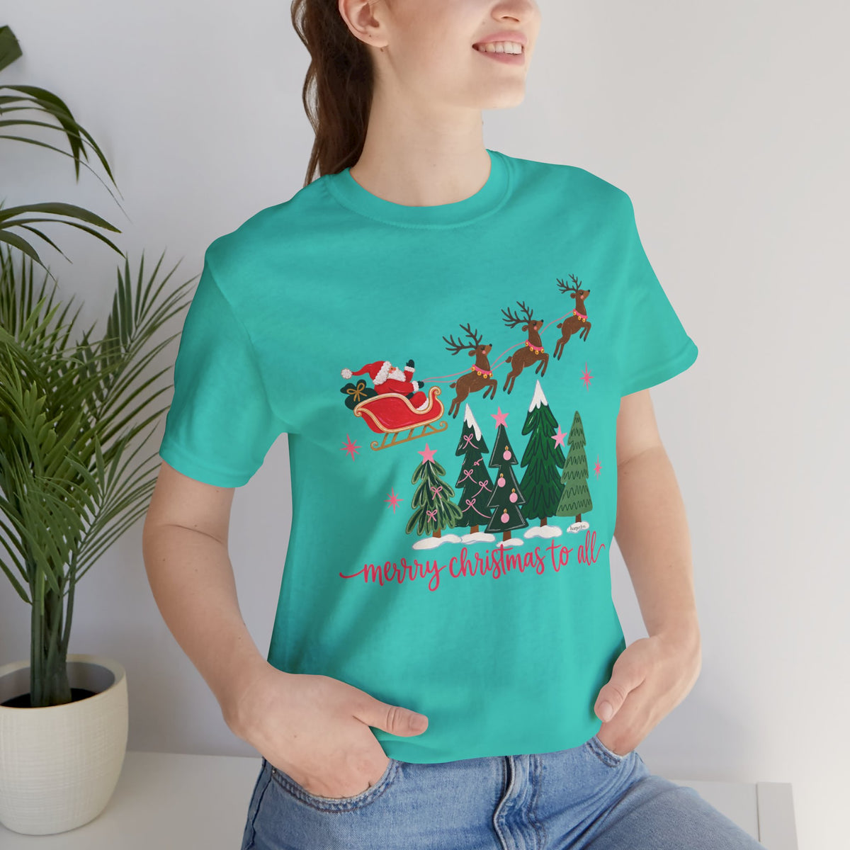 Christmas Tee - 'Merry Christmas to All' Santa Sleigh & Reindeer Holiday T-Shirt