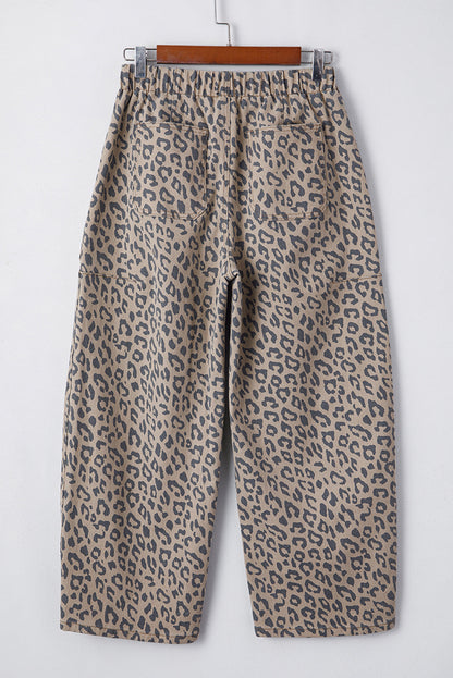 Khaki Leopard Printed Drawstring Elastic Waistband Pocketed Barrel Jeans
