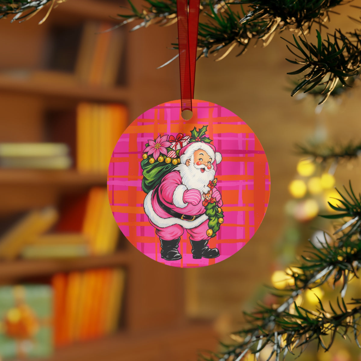 Jingle Bells Pink Plaid Metal Ornament