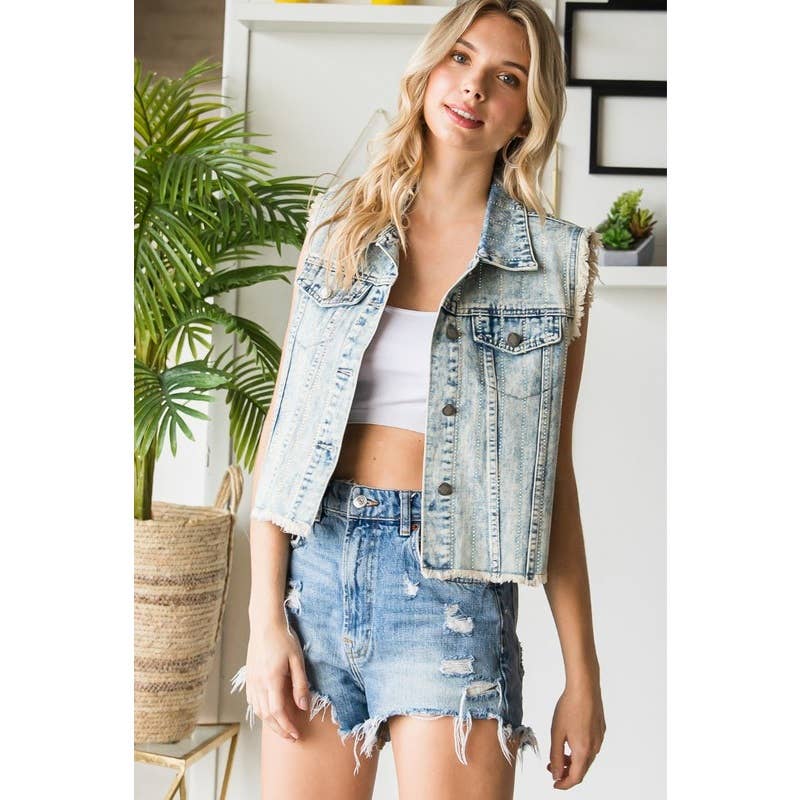 Rhinestone Color Black Wash Denim Vest