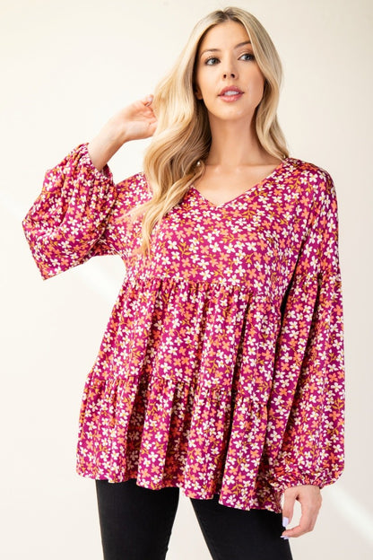 Celeste Full Size Floral V-Neck Balloon Sleeve Blouse