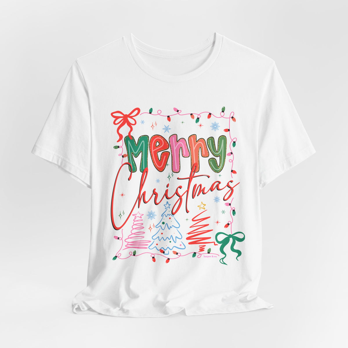 Merry Christmas Graphic Tee – Festive Holiday Holiday Lights & Trees Shirt