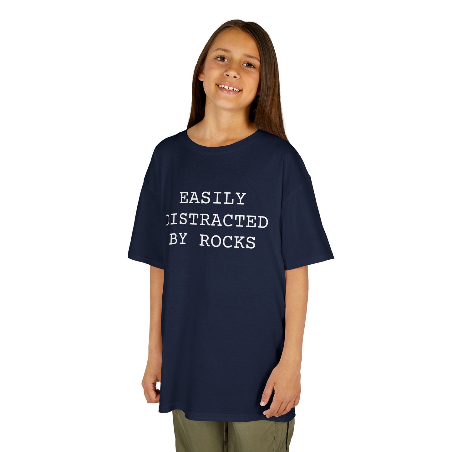 Kids Tee — “Easily Distracted by Rocks.” Funny Nature-Lover Graphic Shirt