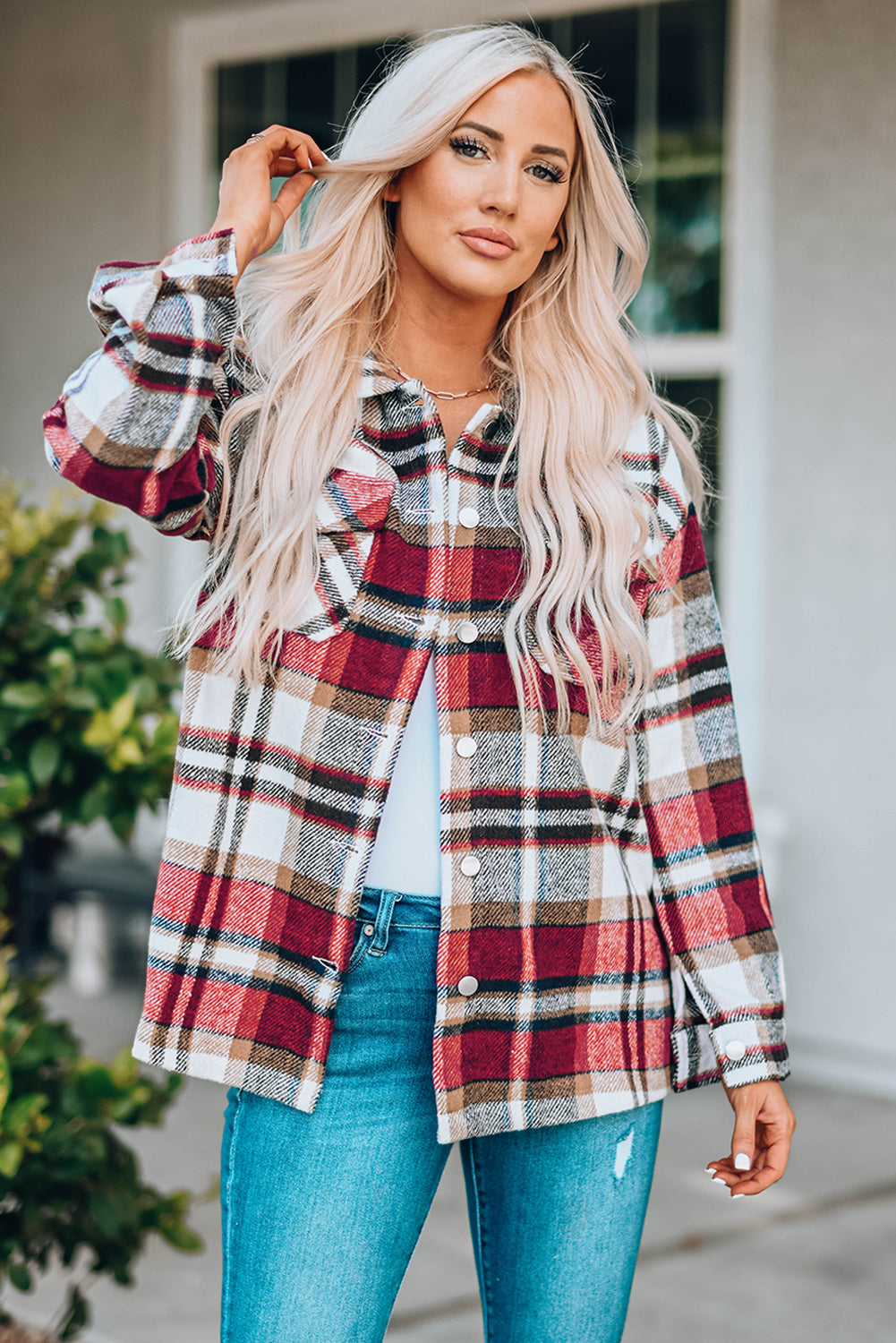 Fiery Red Geometric Plaid Print Pocketed Shacket