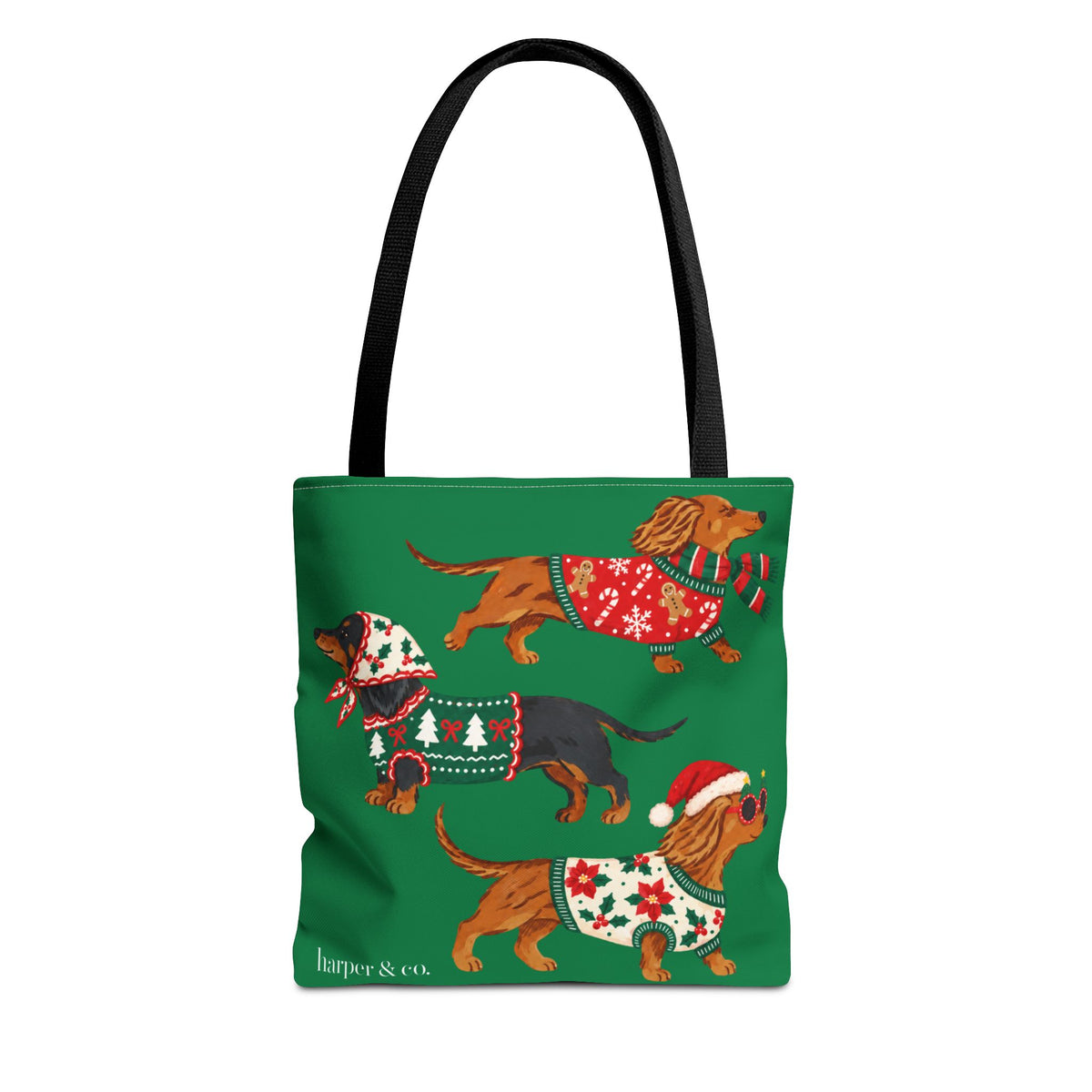 Holiday Dachshund Tote Bag — Christmas Dogs in Festive Sweaters AOP