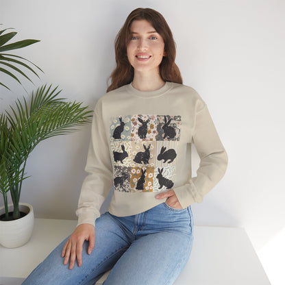 Boho Rabbit Silhouette Patchwork Sweatshirt — Floral Bunny Crewneck