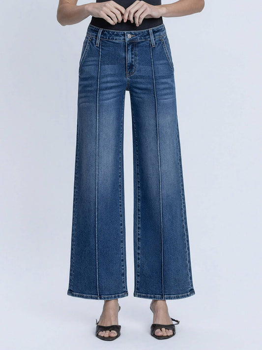 Lovervet by VERVET Full Size High Rise Dark Wash Pintuck Wide Leg Jeans