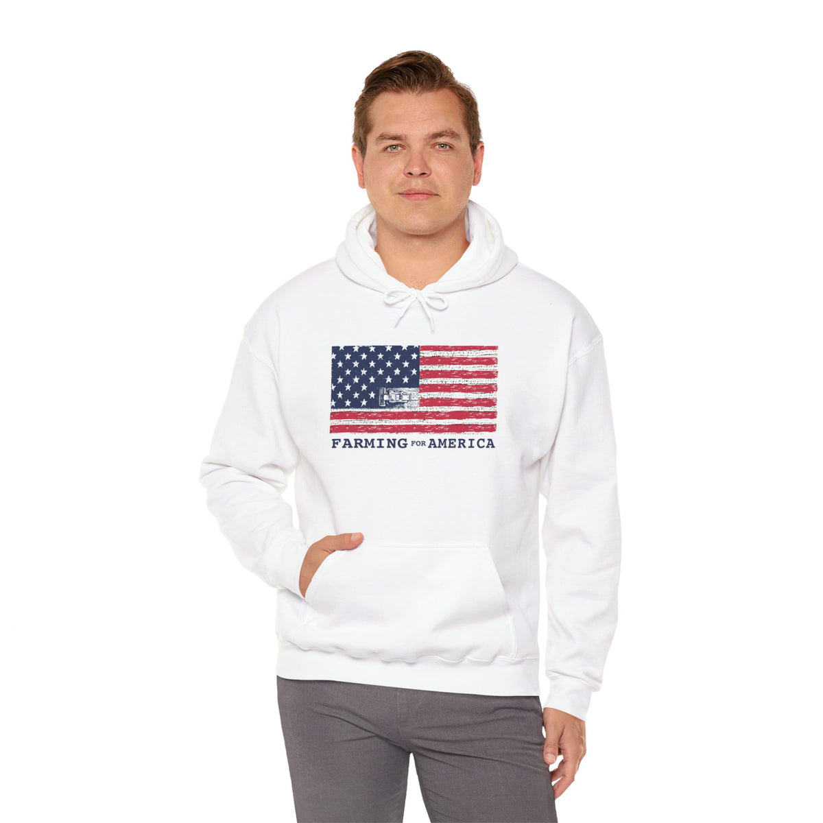 Farming for America Hoodie — Vintage American Flag Farm Sweatshirt
