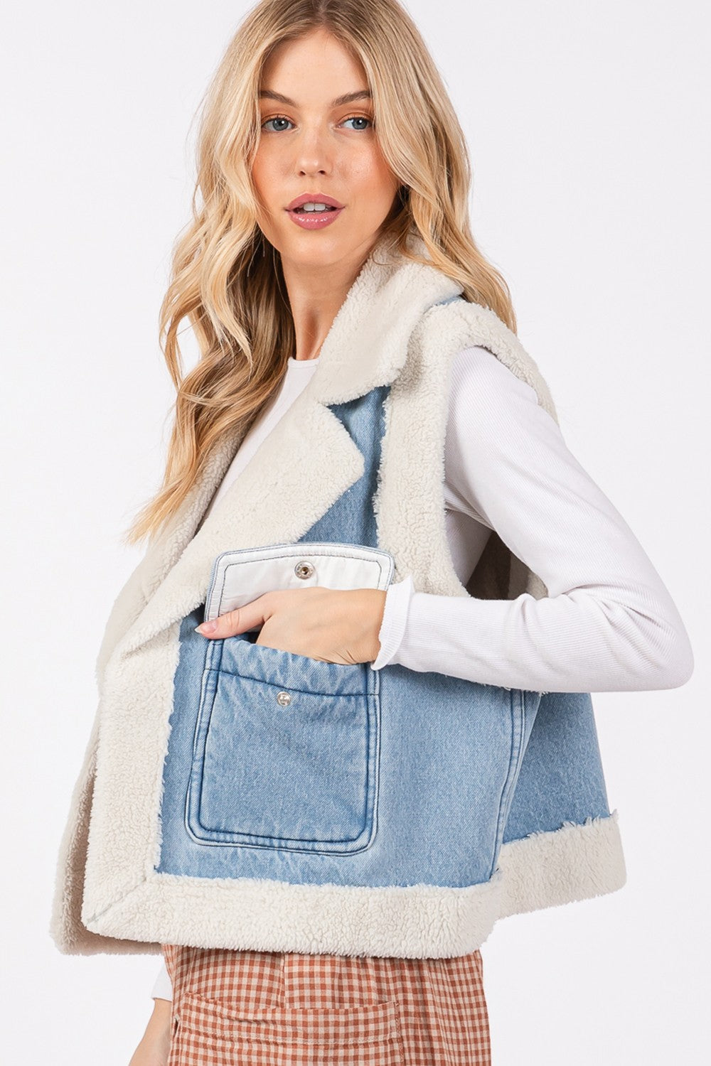 SAGE + FIG Pocketed Collared Neck Sherpa Vest