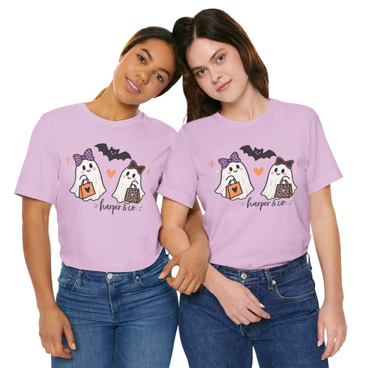 Cute Halloween Ghosts T-Shirt — Trick-or-Treating Ghosts with Bats & 'harper & co.'