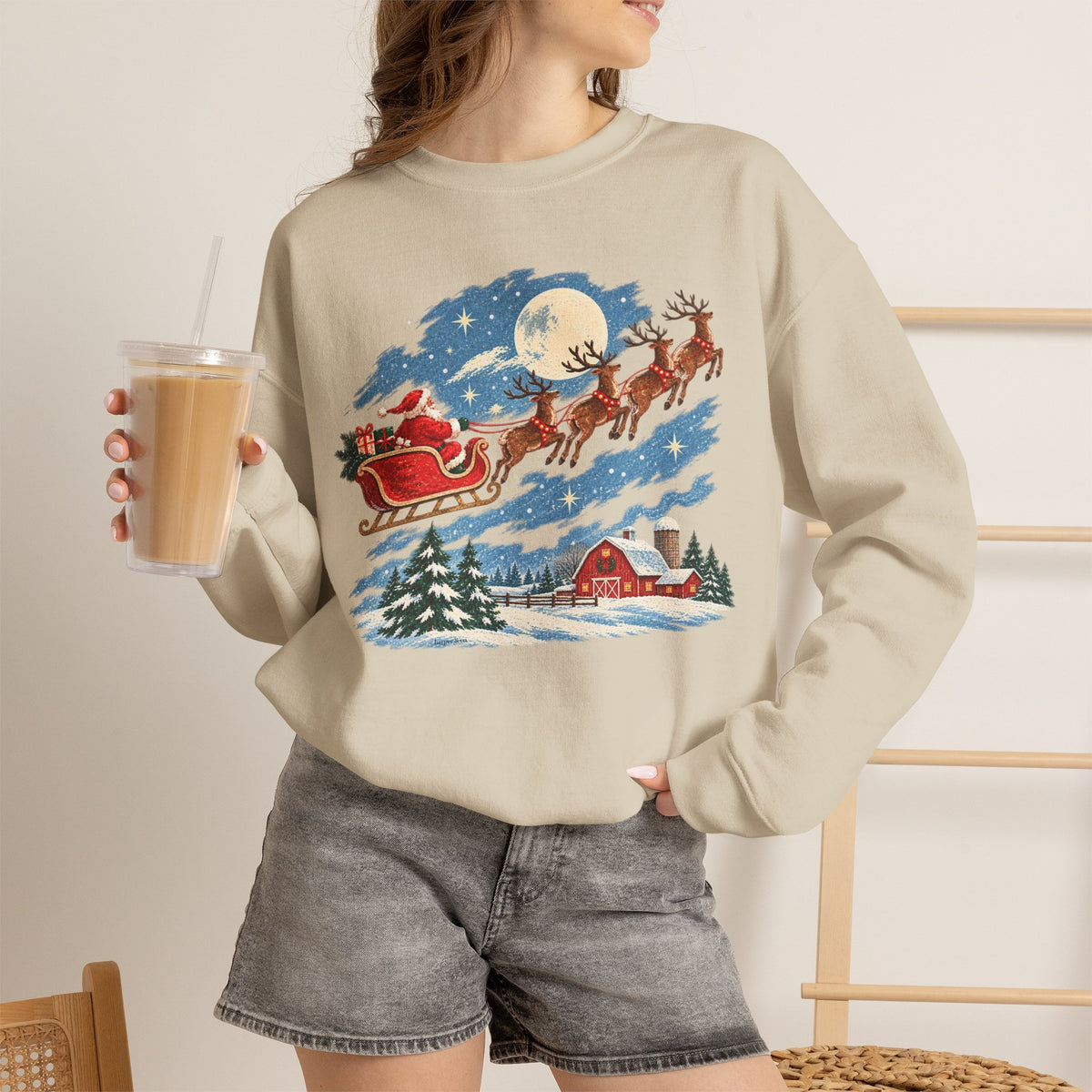 Christmas Santa Sleigh Night Sky Farm Sweatshirt