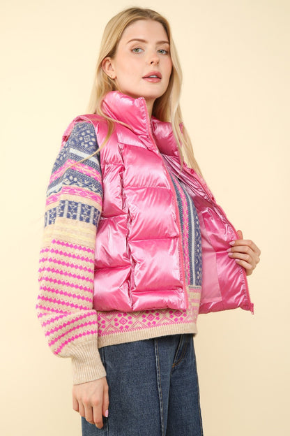 VERY J Shiny Metallic Zip Up Puffer Vest