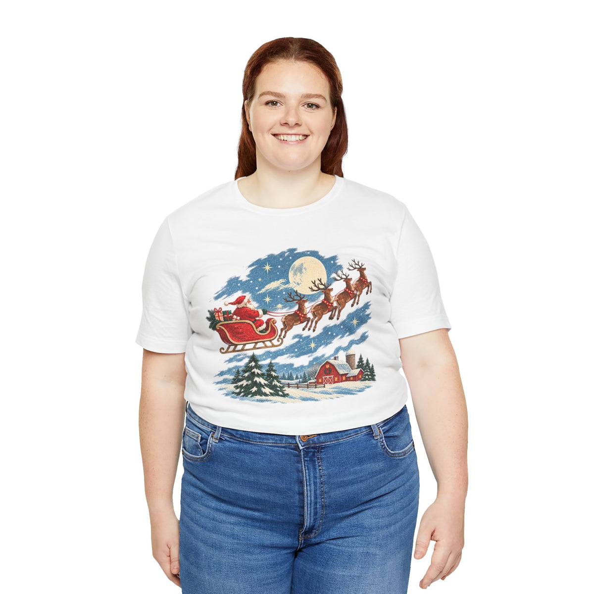 Christmas Tee — Santa Sleigh over Snowy Farm Holiday T‑Shirt