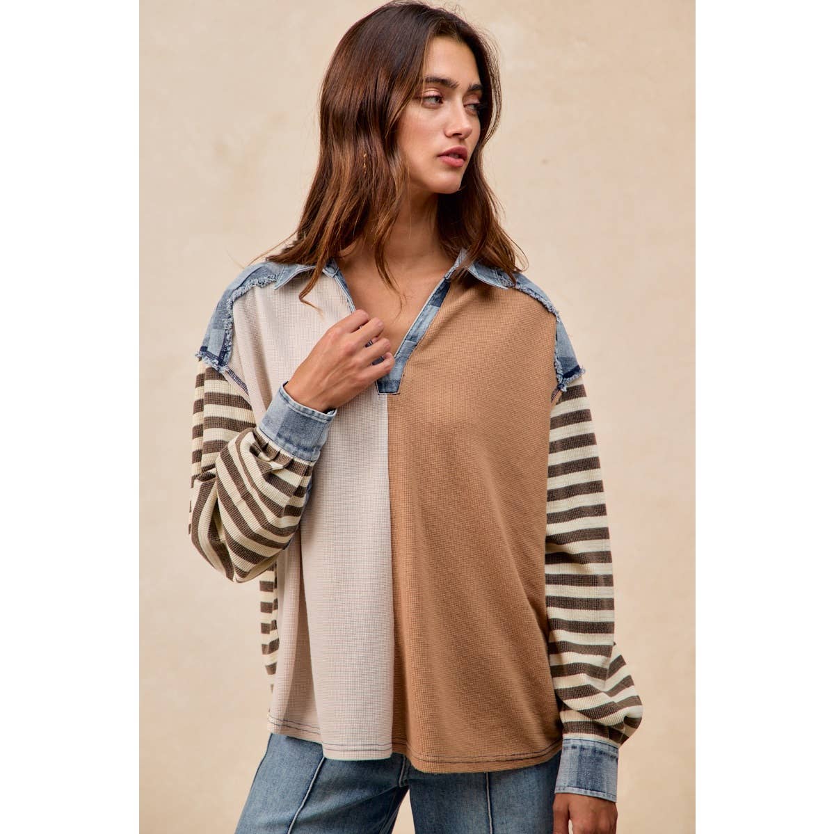 CUT EDGE CHECKER DENIM WAFFLE MIX AND MATCH TOP