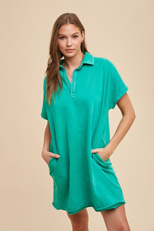 Annie Wear Mineral Washed Johnny Collar Short Sleeve Dress