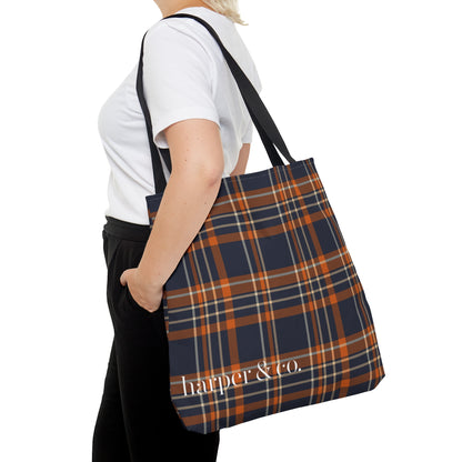 Navy Orange Plaid Tote Bag