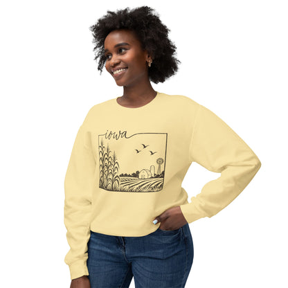 Iowa Farm Scene Crewneck Sweatshirt — Minimal Midwest Landscape