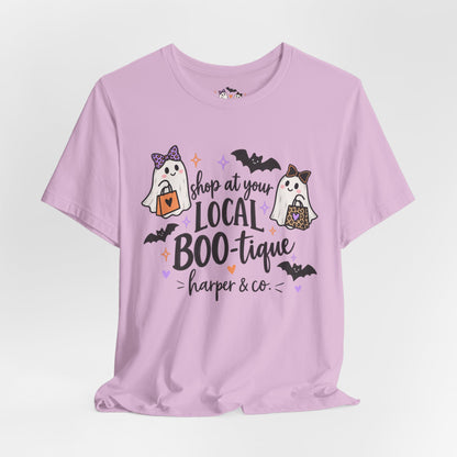 T-Shirt — "Shop at Your Local BOO-tique" Halloween Ghost Boutique Tee