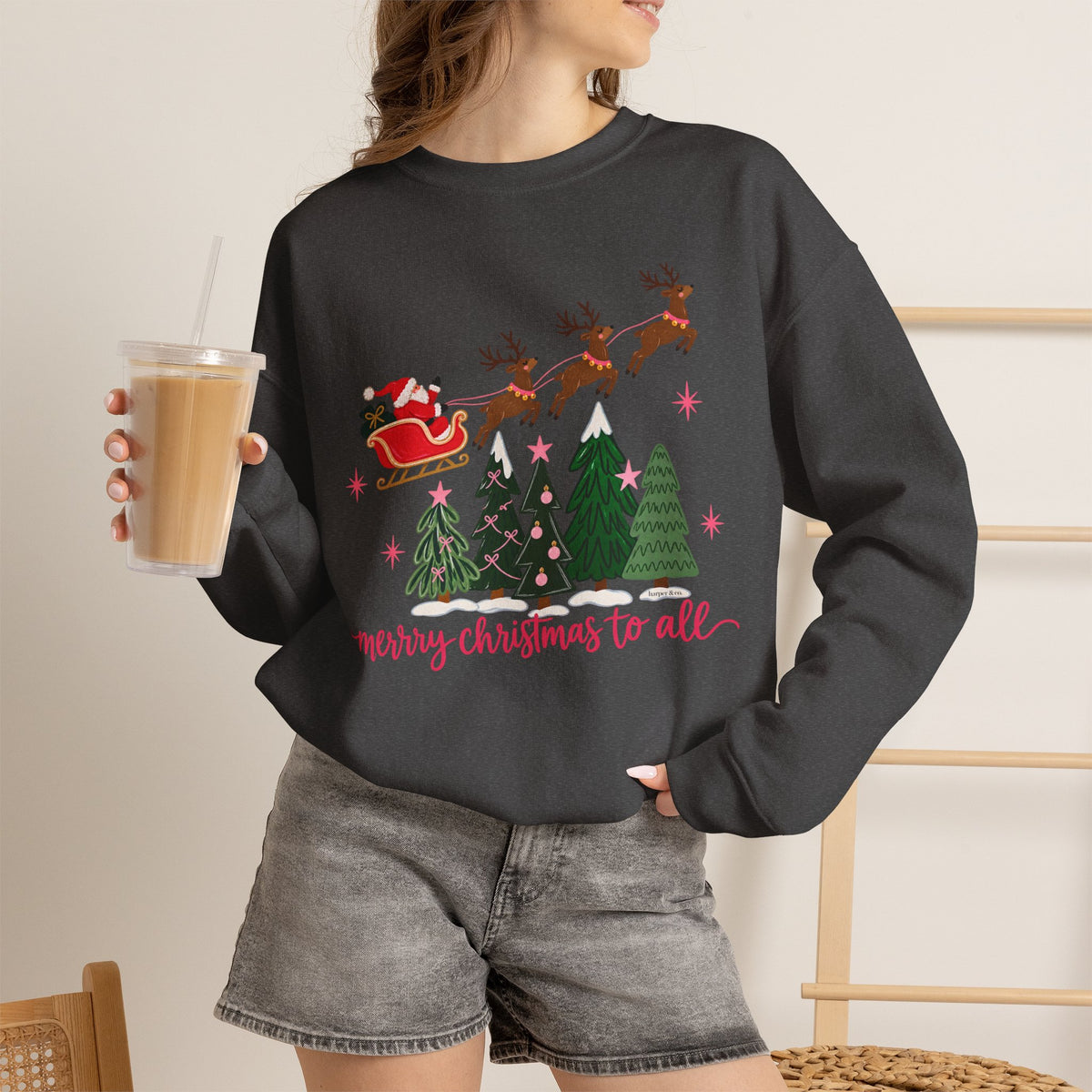 Christmas Crewneck Sweatshirt — "Merry Christmas to All" Santa & Reindeer Holiday Sweatshirt
