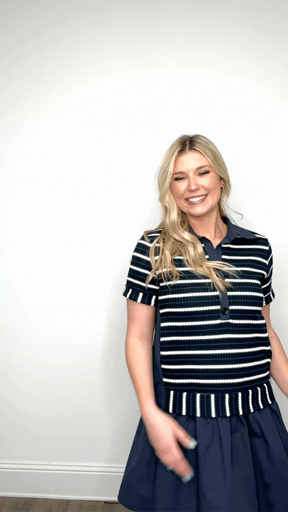 Striped Knit Top with Attached Skirt, Navy