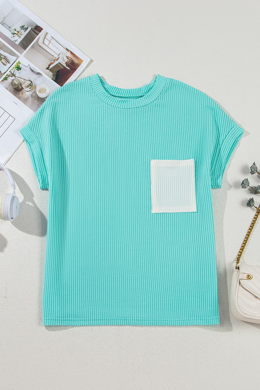 Light Blue Corded Knit Color Block Pocketed Crew Neck T Shirt