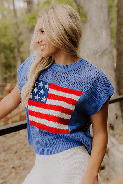 Sky Blue Flag Graphic Short Sleeve Sweater Top