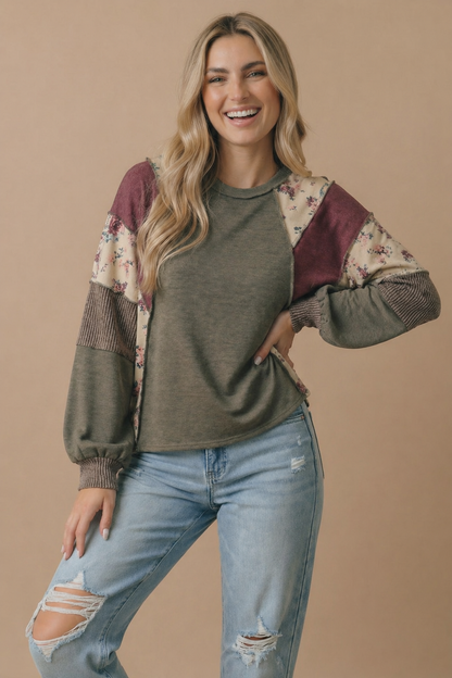 Mixed Media Patchwork Pullover Knit Top