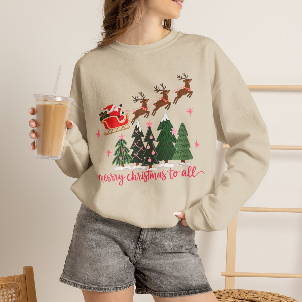 Christmas Crewneck Sweatshirt — "Merry Christmas to All" Santa & Reindeer Holiday Sweatshirt