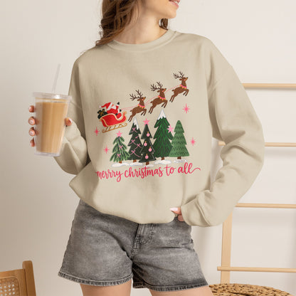 Christmas Crewneck Sweatshirt — "Merry Christmas to All" Santa & Reindeer Holiday Sweatshirt