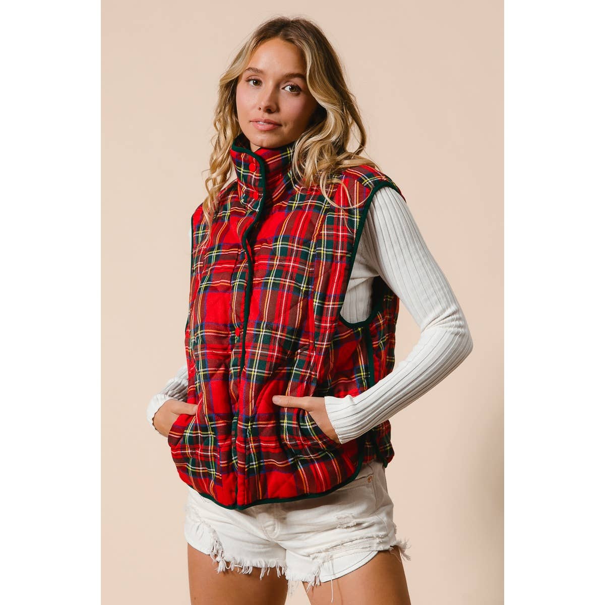 BiBi Vintage Christmas Puff Plaid Quilted Vest