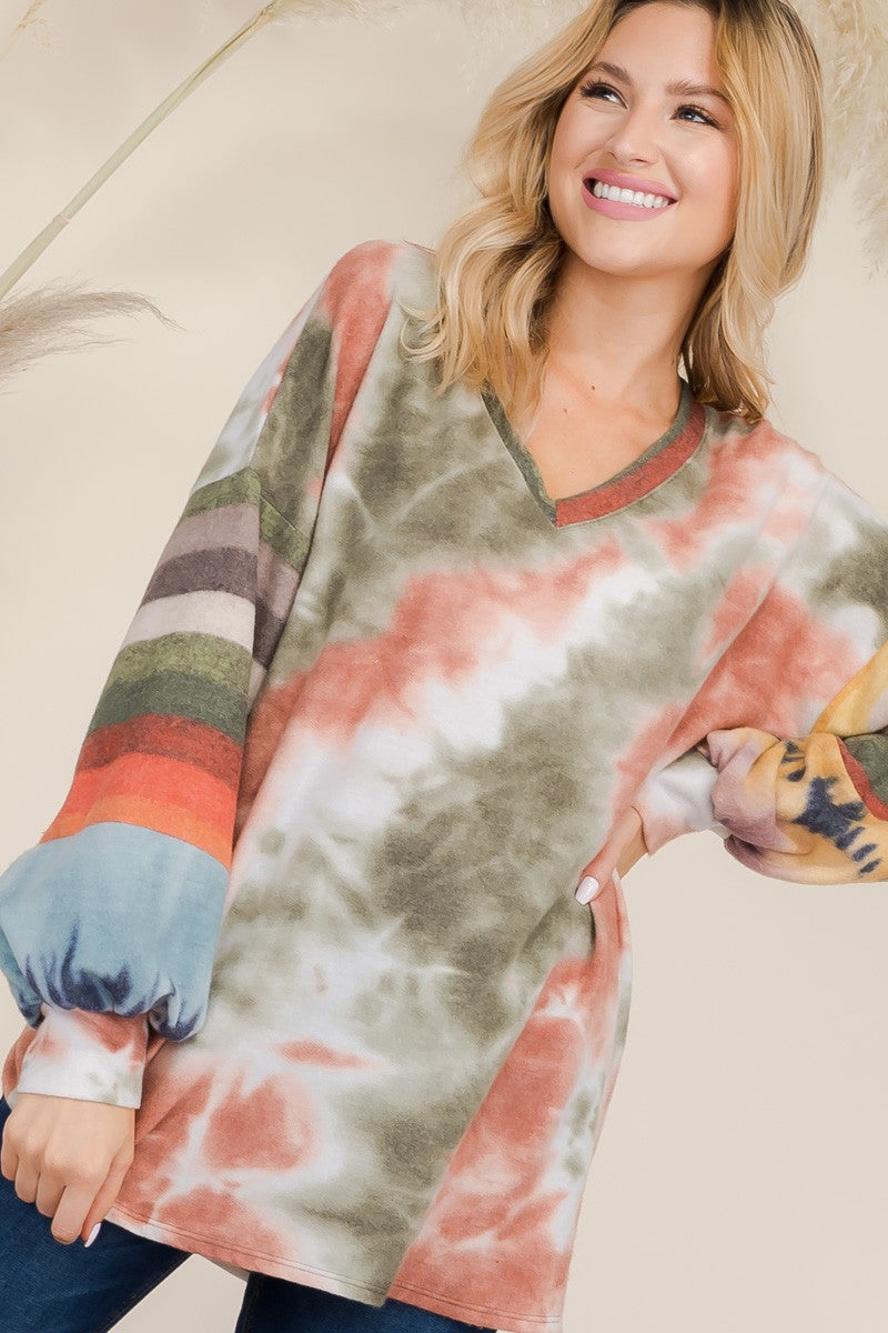 Celeste Full Size Tie-Dye Contrast Striped V-Neck Long Sleeve Blouse