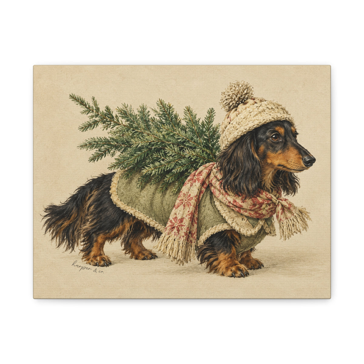 Christmas Dachshund Carrying Tree Canvas Wall Art