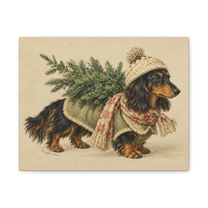 Christmas Dachshund Carrying Tree Canvas Wall Art