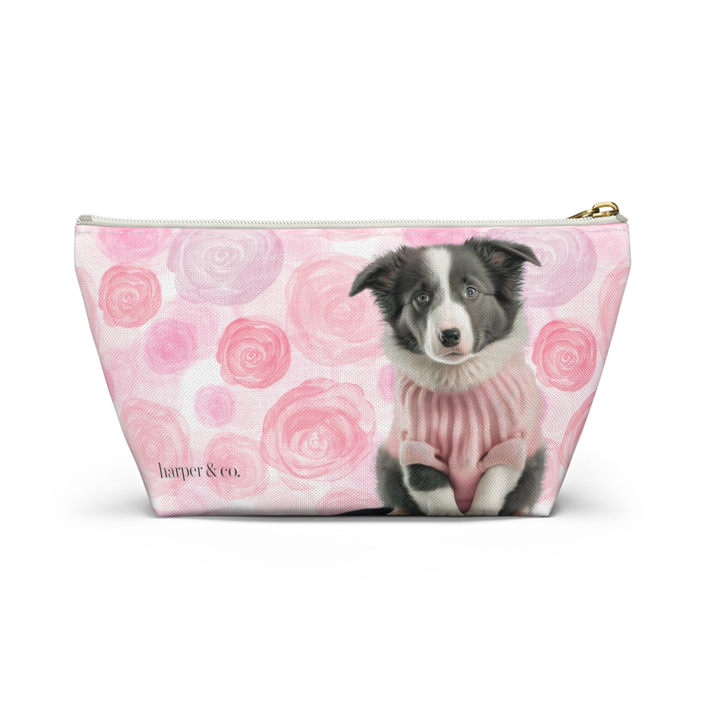 Border Collie & Pink Roses Accessory Pouch w T-bottom