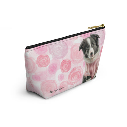 Border Collie & Pink Roses Accessory Pouch w T-bottom