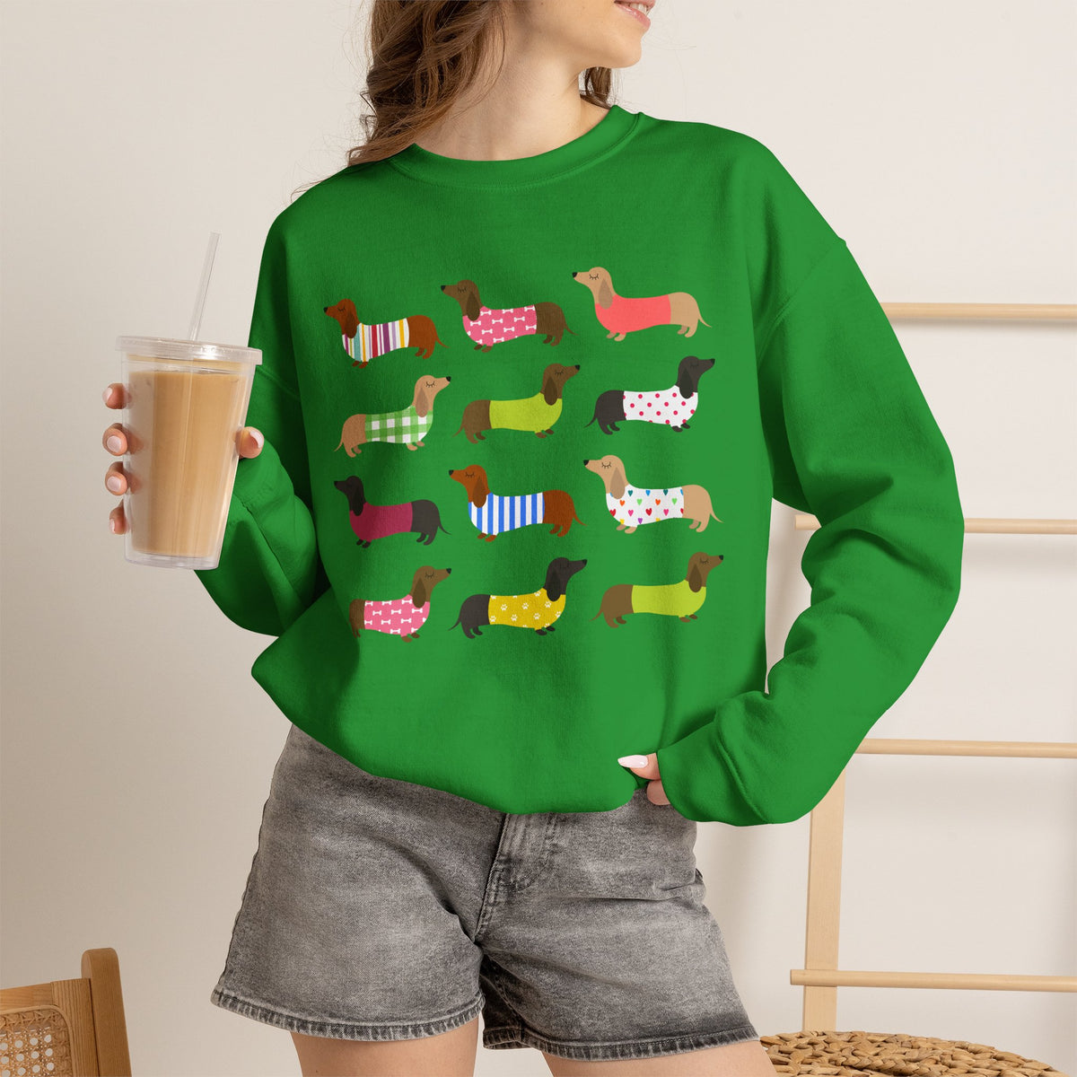 Colorful Dachshund Crewneck Sweatshirt — Vibrant Wiener Dog Design