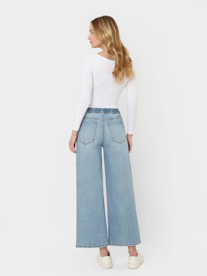 Loveret Super High Rise Full Size Elastic Waist Crop Wide Leg Jeans