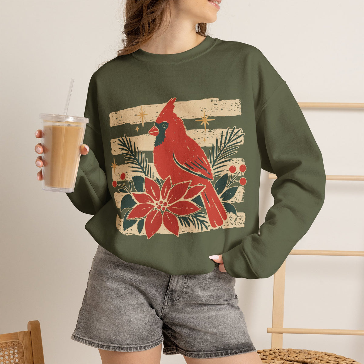 Cardinal Poinsettia Sweatshirt — Festive Winter Crewneck