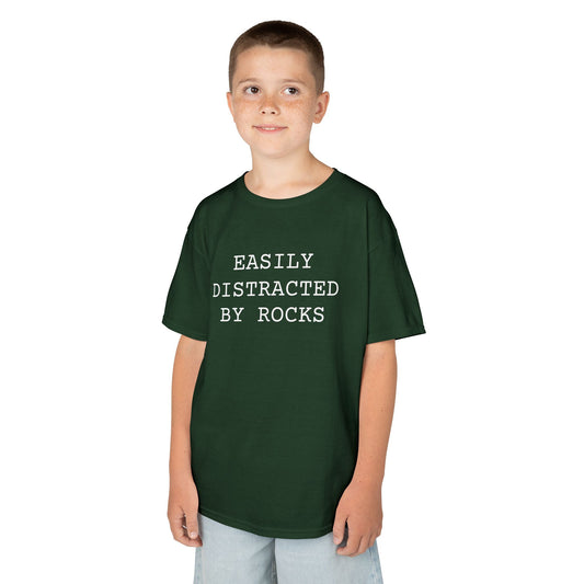Kids Tee — “Easily Distracted by Rocks.” Funny Nature-Lover Graphic Shirt