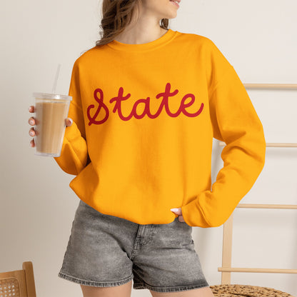 State Script Crewneck Sweatshirt — Retro Red & Gold Collegiate Pullover