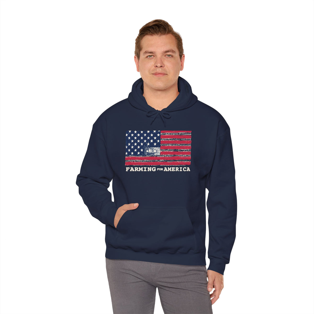 Farming for America Hoodie — Vintage American Flag Farm Sweatshirt