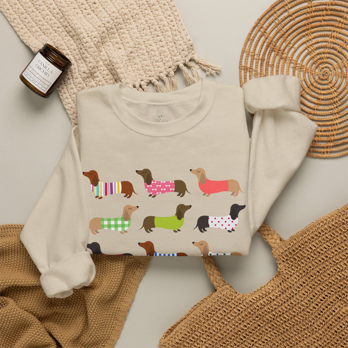 Colorful Dachshund Crewneck Sweatshirt — Vibrant Wiener Dog Design