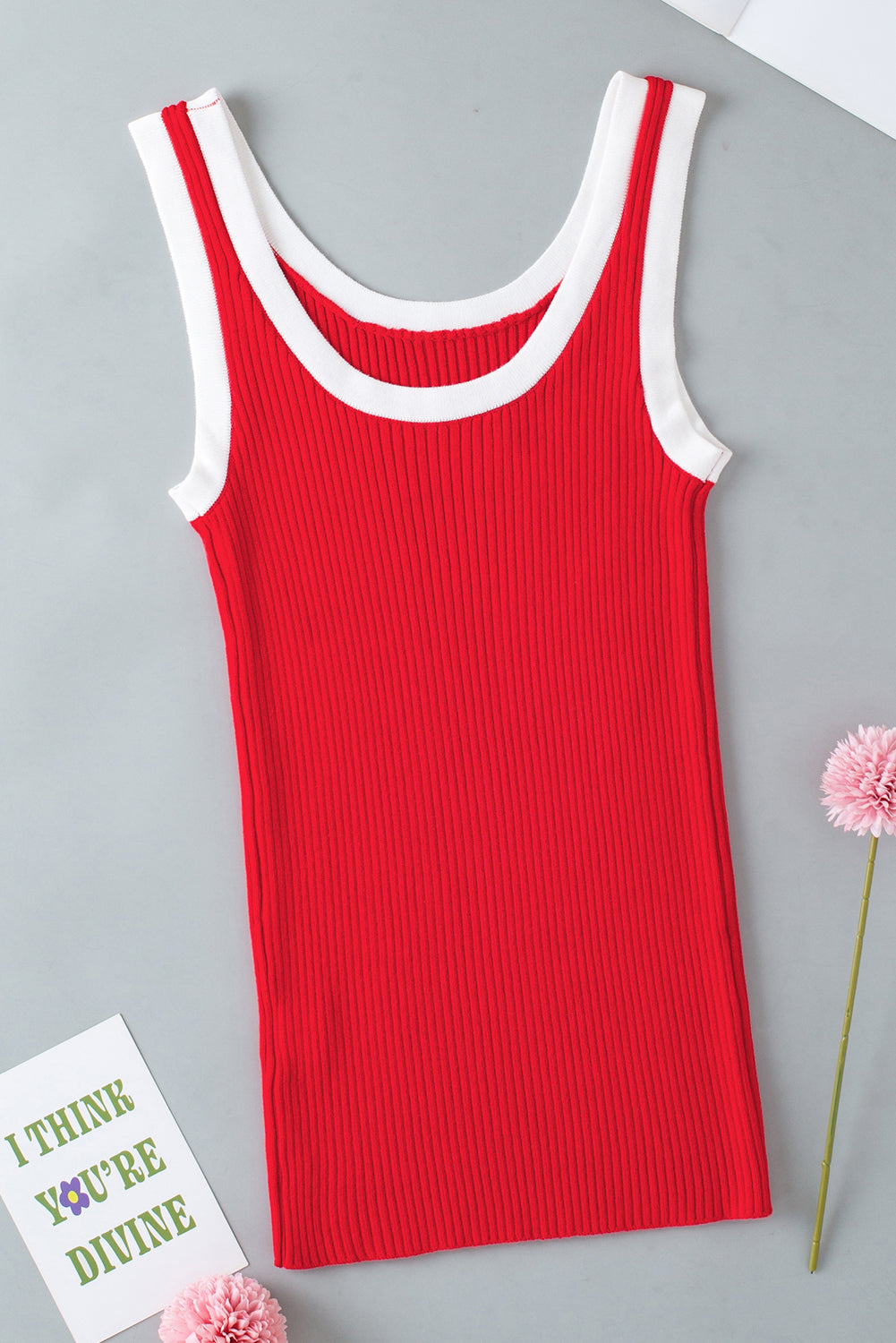 Colorblock Edge Ribbed Knit U Neck Tank Top in Fiery Red