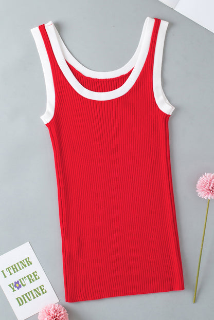 Colorblock Edge Ribbed Knit U Neck Tank Top in Fiery Red