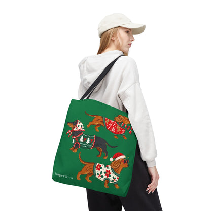 Holiday Dachshund Tote Bag — Christmas Dogs in Festive Sweaters AOP
