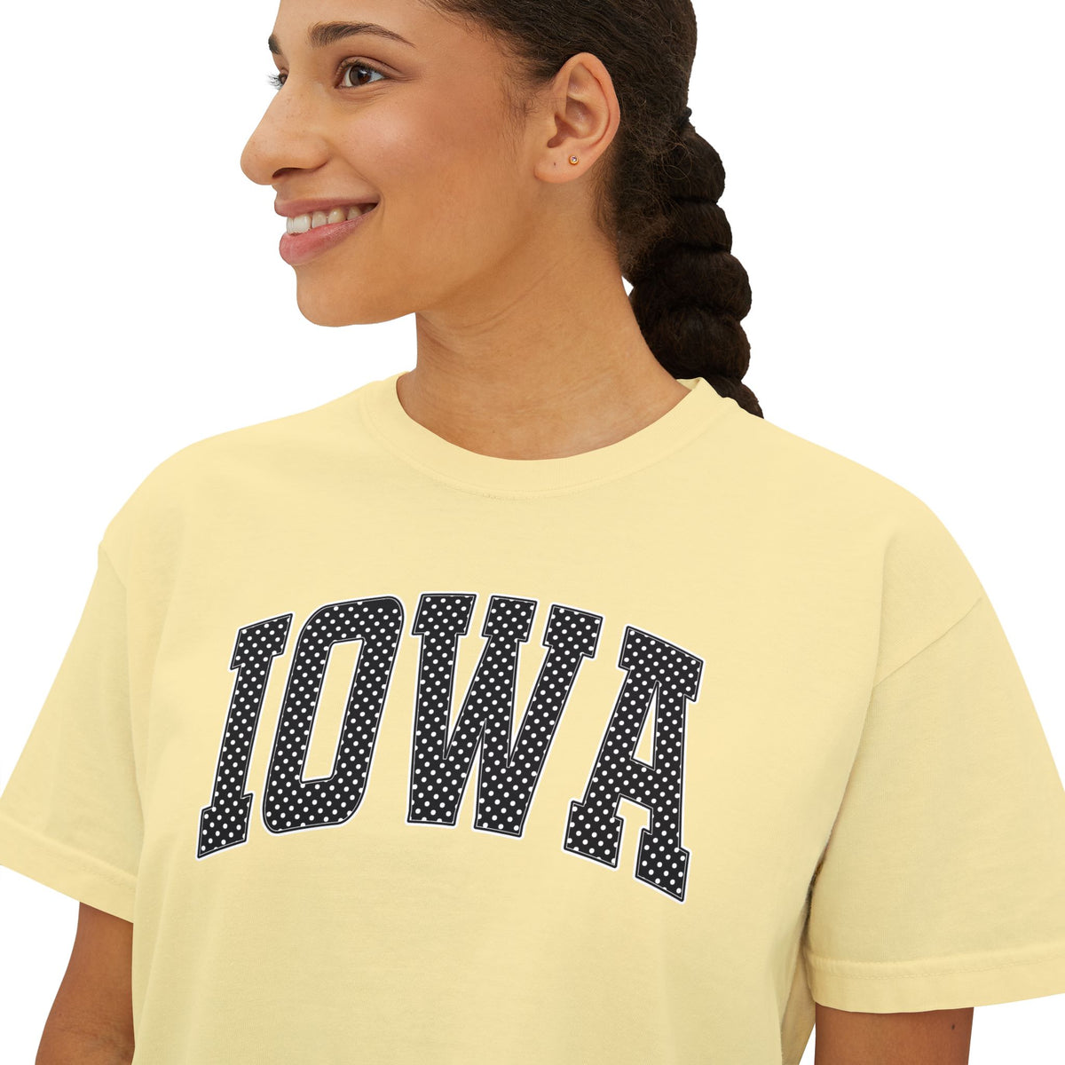 Iowa Boxy Tee — White Dots Women's Cropped College Graphic T-Shirt