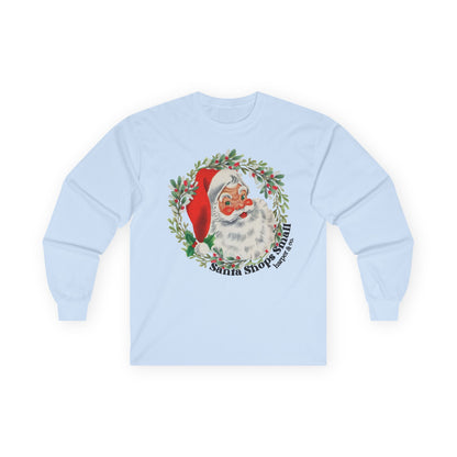 Vintage Santa Wreath Long Sleeve Tee — "Santa Shops Small" Christmas Shirt