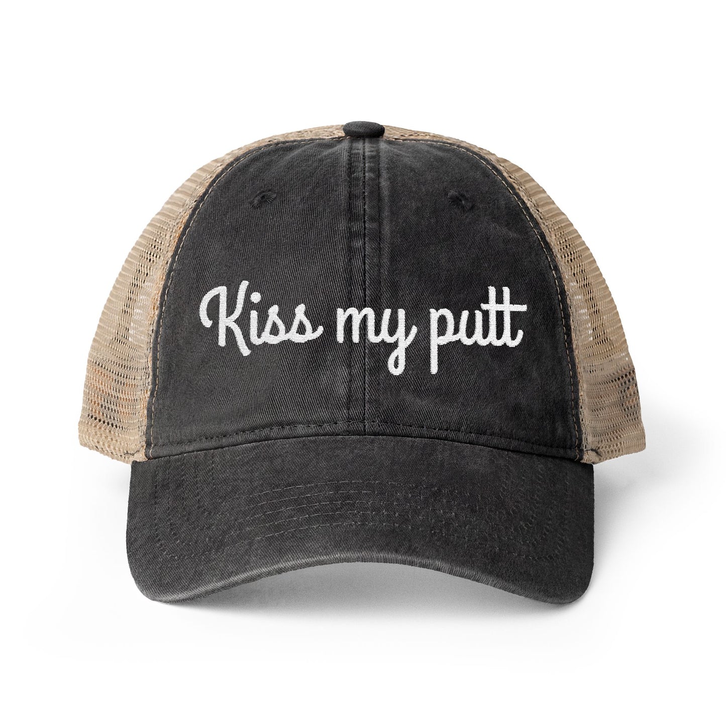 Kiss My Putt Embroidered Women's Washed Mesh-Back Ball Cap