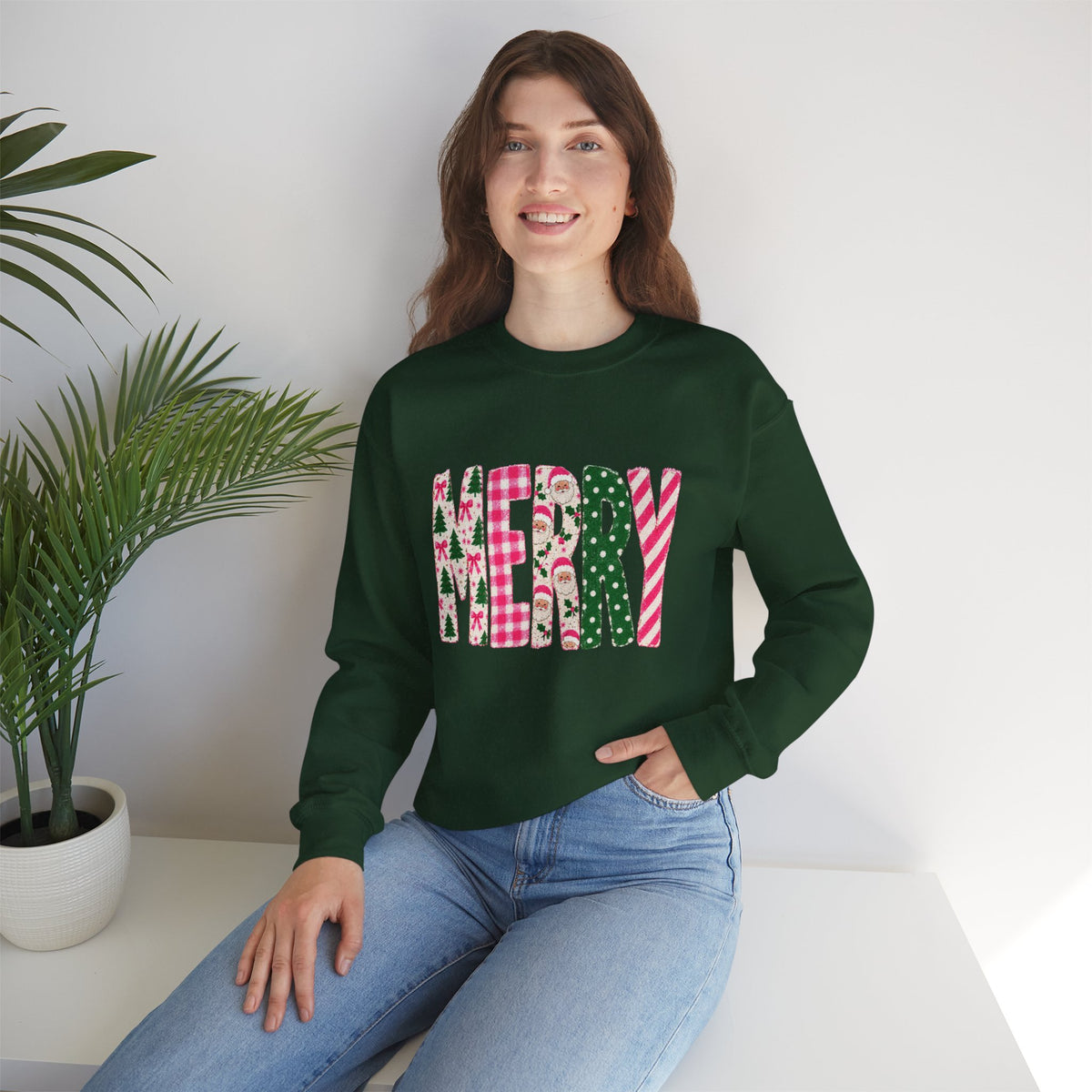 Merry Patchwork Crewneck Sweatshirt — Festive Christmas Plaid & Candy Cane Design