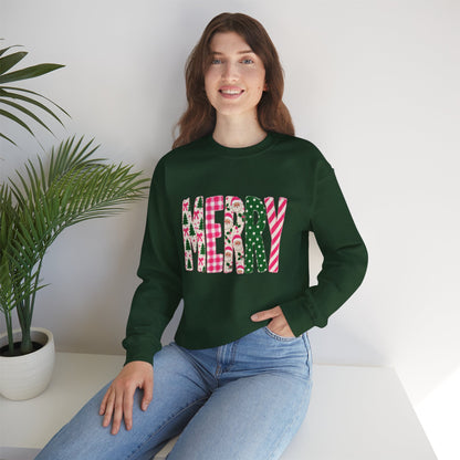 Merry Patchwork Crewneck Sweatshirt — Festive Christmas Plaid & Candy Cane Design